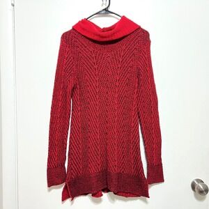 Effeci Women Knit Tunic Sweater Size M Red Black Cowl Neck Y2K‎ Whimsigoth